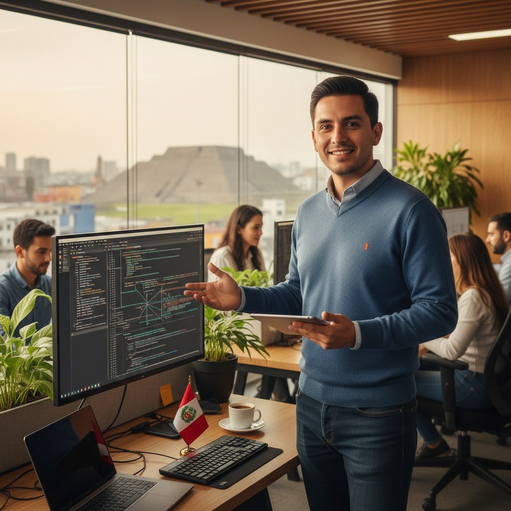 Un hombre sonriente señala una pantalla con código de programación en una oficina moderna con vista a una pirámide y una pequeña bandera de Perú sobre el escritorio.